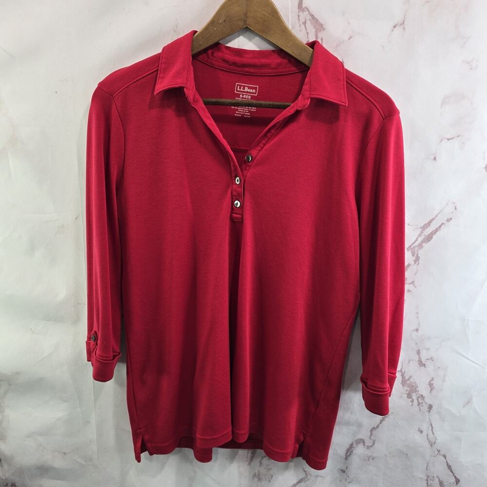 LL Bean Shirt Womens Small True Red Polo Henley Tee T Long Sleeve Supima